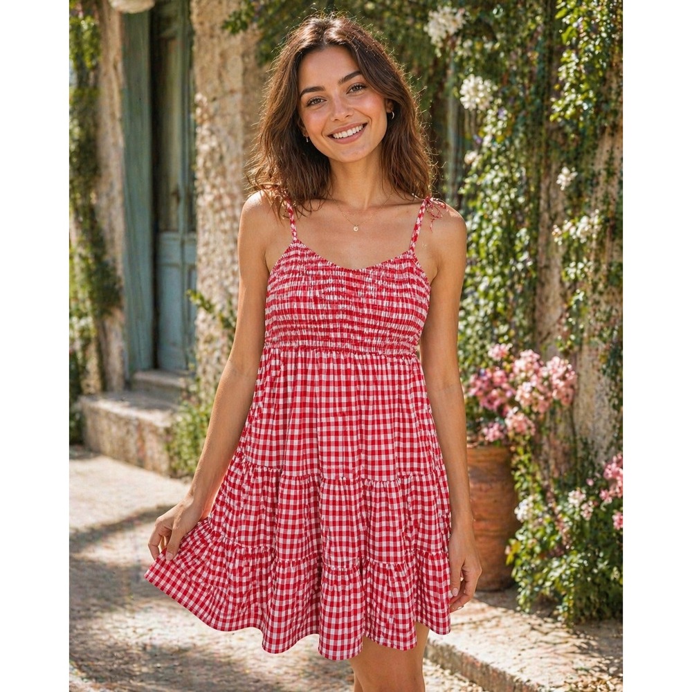 BIBI Gingham Mini Dress Womens Large Red White Smocked Tiered Summer Cottagecore